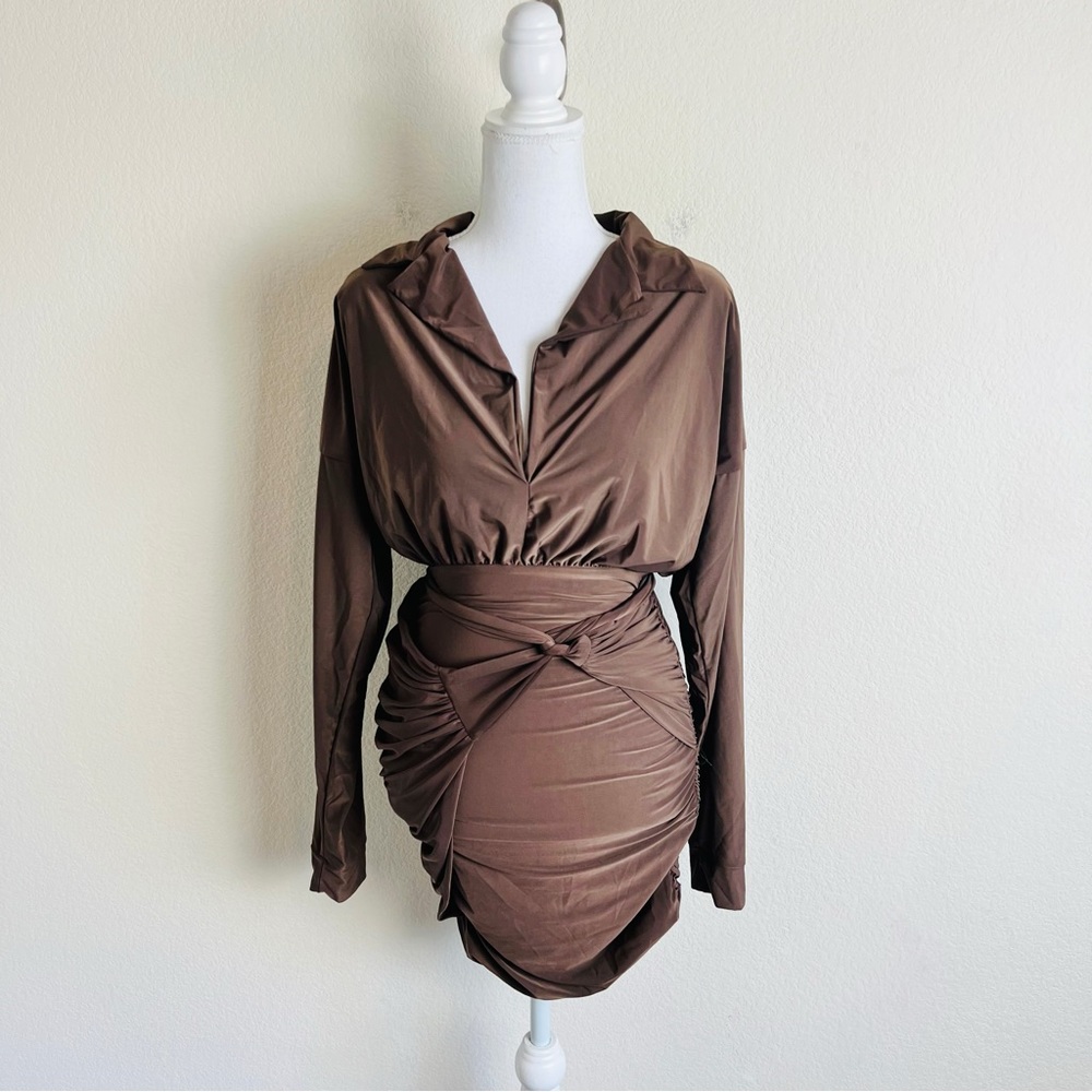 NWT Fashion Nova Brown Slinky Ruched Long Sleeve Collar Makes Sense Mini Dress